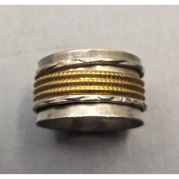 VTG Sterling Silver Brass Spinner Ring Size 8.5 Signed DDM 12.8mm Band 8.39g - Picture 1 of 7